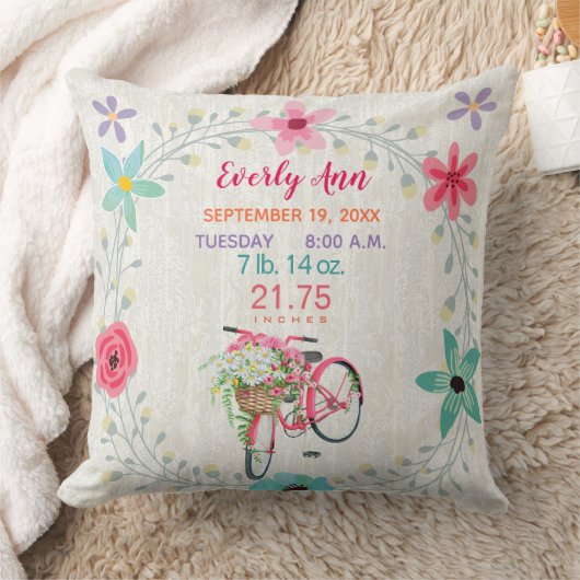 Geboorte Stats Baby Meisje Retro Roze Fiets Kussen (Deken)