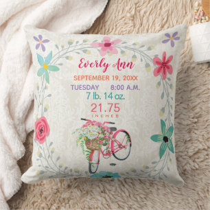 Geboorte Stats Baby Meisje Vintage Retro Roze Fiet Kussen