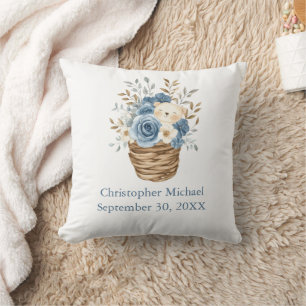Geboorte Stats Blauwe Beige Bloemen Beer Babykamer Kussen