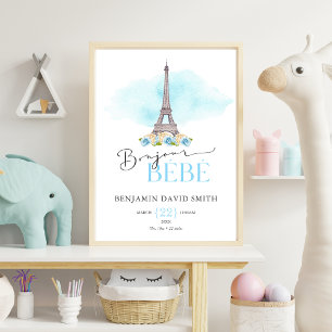 Geboorte Stats Bonjour Bébé Baby JONGEN Slaapkamer Poster