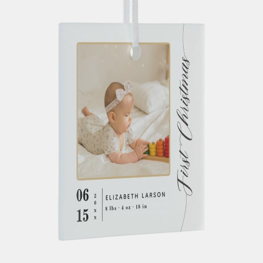 Geboorte Stats Eerste Kerstmis Baby's naam en foto Glas Ornament (Voorkant Rechts)