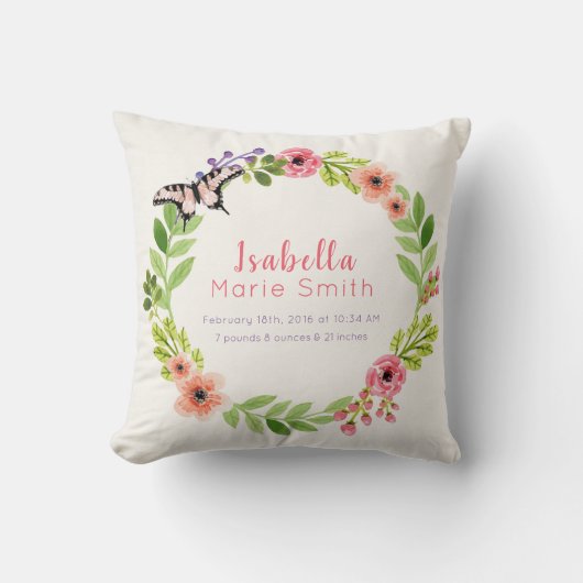 geboorte Stats Elegant Floral Girl Nursery Pillow Kussen (Voorkant)
