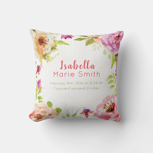 geboorte Stats Elegant Floral Girl Nursery Pillow Kussen (Voorkant)