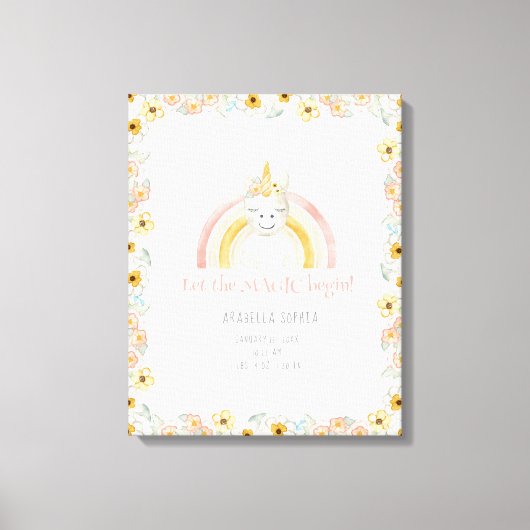 Geboorte Stats Magische Eenhoorn Baby Meisje Water Canvas Afdruk (Voorkant)