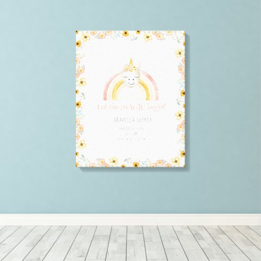 Geboorte Stats Magische Eenhoorn Baby Meisje Water Canvas Afdruk (Insitu (Houten vloer))