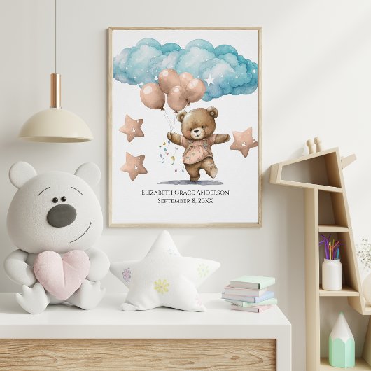 Geboorte Stats Roze Babybeer Wolken Kinderkamer Mu Perfect Poster