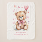 Geboorte Stats Teddydbeer Roze Strik Hartjes Baby Sherpa Deken (Voorkant)