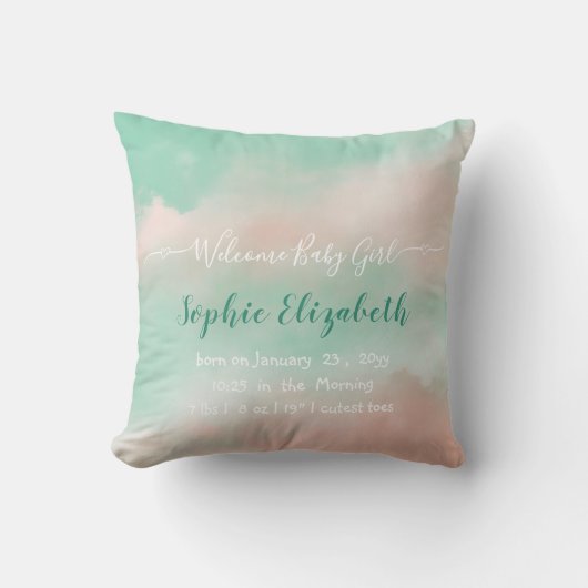 Geboorte van een baby begint met roze wolk kussen (Voorkant)