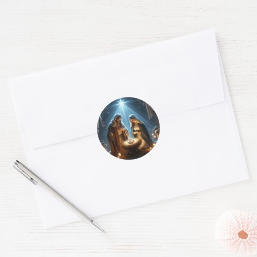 Geboorte van Maria Jozef en Baby Jezus Ronde Sticker (Envelop)