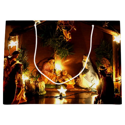 Geboorte versierd kerstcadeau tas groot cadeauzakje (Voorkant)