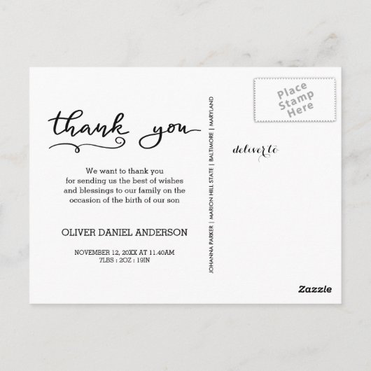 Geboorteaankondiging Bedankt Casual scriptfoto Briefkaart (Achterkant)