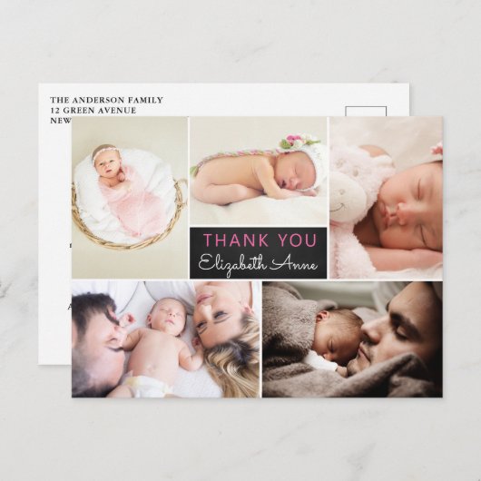 Geboorteaankondiging Bedankt Fotocollage Briefkaart (Voorkant / Achterkant)