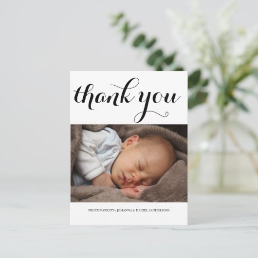 Geboorteaankondiging Bedankt Modern Script Photo Briefkaart (Staand voorkant)