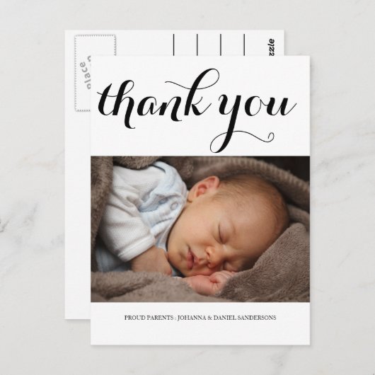 Geboorteaankondiging Bedankt Modern Script Photo Briefkaart (Voorkant / Achterkant)