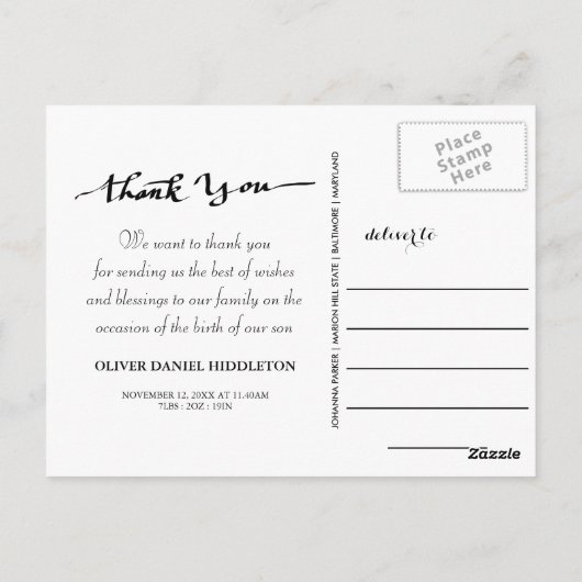 Geboorteaankondiging Bedankt Modern Script Photo Briefkaart (Achterkant)