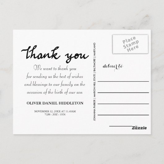 Geboorteaankondiging Bedankt Modern Script Photo Briefkaart (Achterkant)