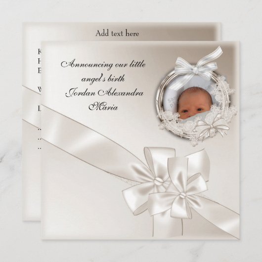 Geboorteaankondiging Beige Foto Lijst Bow Aankondiging (Voorkant / Achterkant)