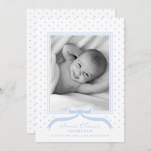 Geboorteaankondiging Bow Polka Dot Feestdagenkaart (Voorkant / Achterkant)