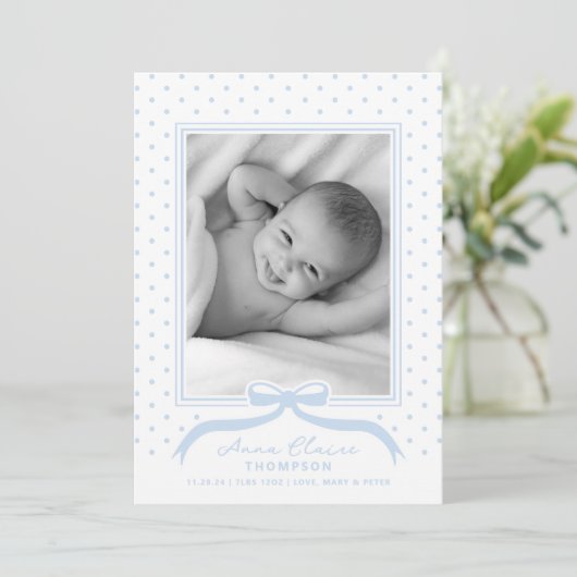 Geboorteaankondiging Bow Polka Dot Feestdagenkaart (Staand voorkant)