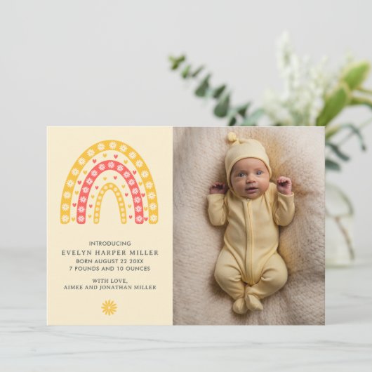 Geboorteaankondiging Daisy Rainbow Yellow Kaart (Staand voorkant)