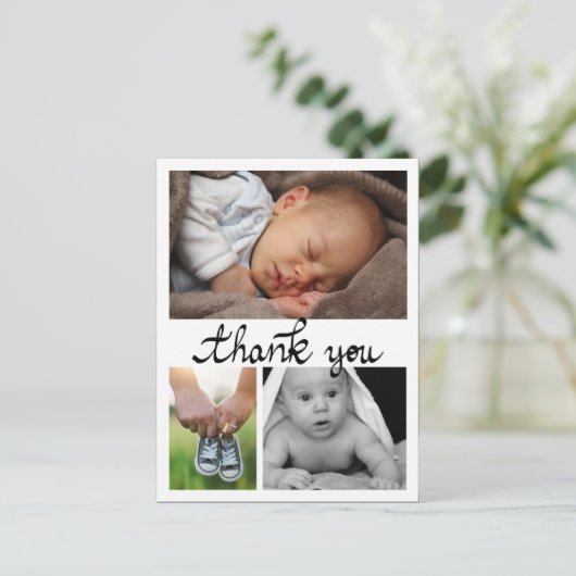 Geboorteaankondiging Dank u voor de moderne drie f Briefkaart (Staand voorkant)