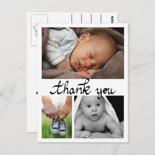 Geboorteaankondiging Dank u voor de moderne drie f Briefkaart (Voorkant / Achterkant)