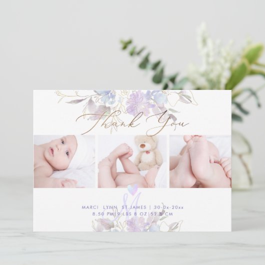 Geboorteaankondiging Douche Dank U Paarse Sweet Pe Kaart (Staand voorkant)