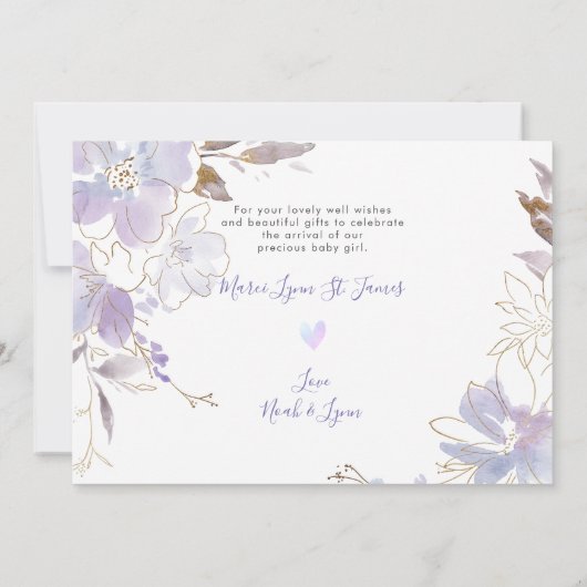 Geboorteaankondiging Douche Dank U Paarse Sweet Pe Kaart (Achterkant)