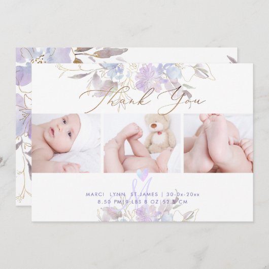 Geboorteaankondiging Douche Dank U Paarse Sweet Pe Kaart (Voorkant / Achterkant)