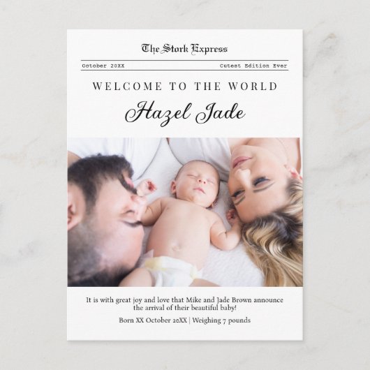 Geboorteaankondiging familiekrant briefkaart (Voorkant)