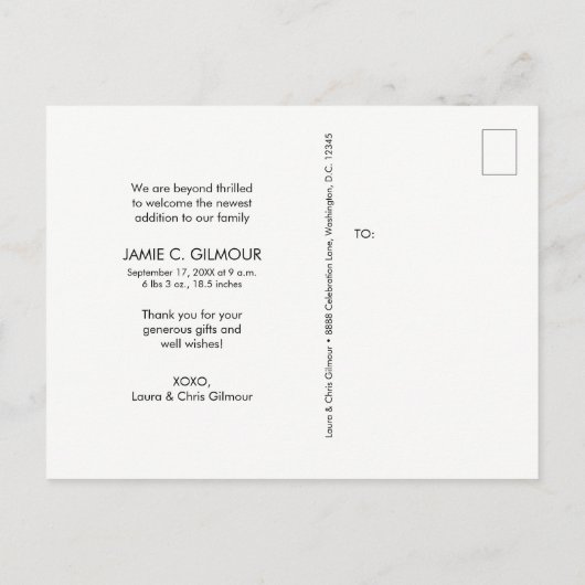 Geboorteaankondiging Fotohandlettering Dank u Briefkaart (Achterkant)