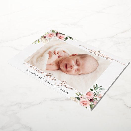 Geboorteaankondiging Fotokaart Roze Rozen en Folie Folie Uitnodiging (Gedraaid)