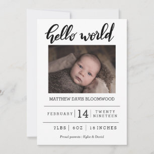 Geboorteaankondiging Hallo Wereldhandgeschreven fo Aankondiging