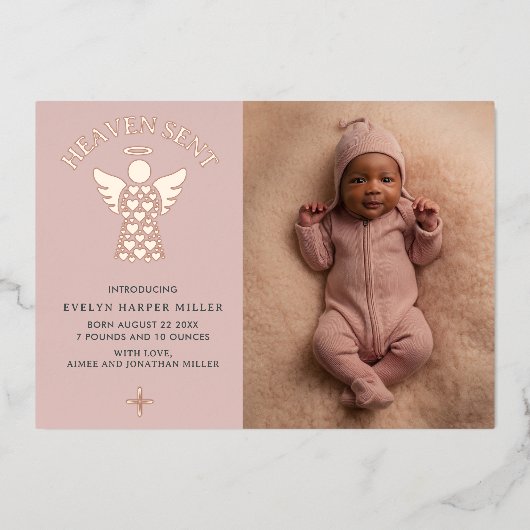 Geboorteaankondiging Hemelse Gezonden Folie Engelk Folie Uitnodiging (Voorkant)