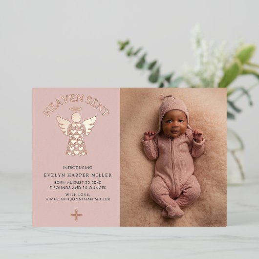 Geboorteaankondiging Hemelse Gezonden Folie Engelk Folie Uitnodiging (Staand Voorkant)