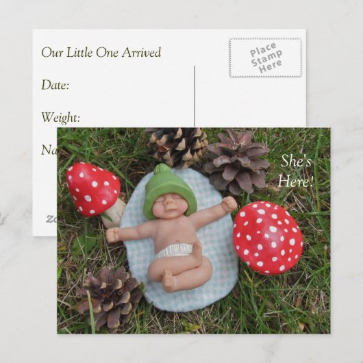 Geboorteaankondiging: klei Baby, champignons, gras Aankondigingskaart (Voorkant / Achterkant)
