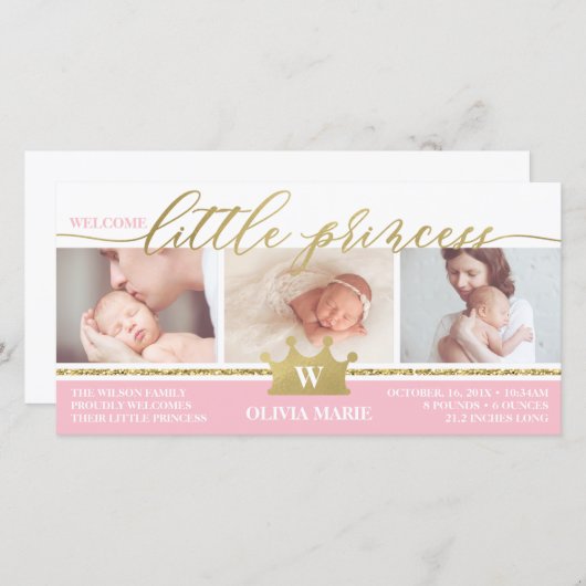 Geboorteaankondiging, kleine prinses, Faux Folie Aankondiging (Voorkant / Achterkant)