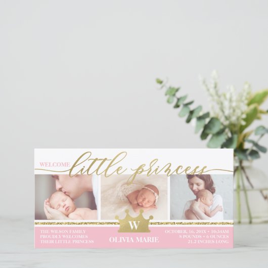 Geboorteaankondiging, kleine prinses, Faux Folie Aankondiging (Staand voorkant)