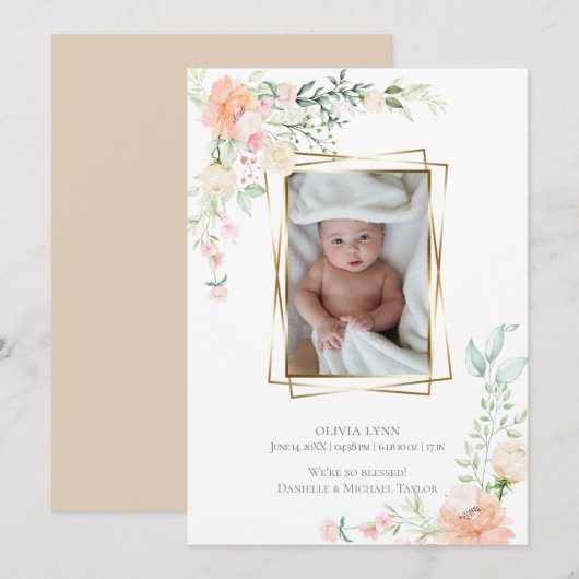 Geboorteaankondiging | Lente-Waterverf bloemen Kaart (Voorkant / Achterkant)