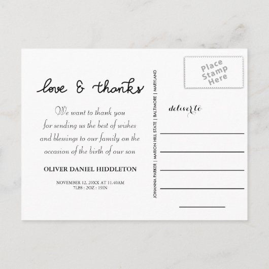 Geboorteaankondiging liefde en Bedankt drie foto's Aankondigingskaart (Achterkant)