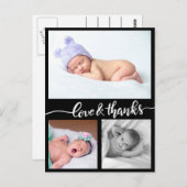 Geboorteaankondiging liefde en Bedankt drie foto's Briefkaart (Voorkant / Achterkant)