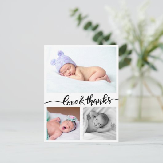 Geboorteaankondiging liefde en Bedankt drie foto's Briefkaart (Staand voorkant)