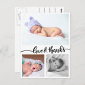 Geboorteaankondiging liefde en Bedankt drie foto's Briefkaart (Voorkant / Achterkant)