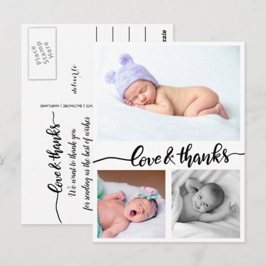 Geboorteaankondiging liefde en Bedankt drie foto's Briefkaart (Voorkant / Achterkant)