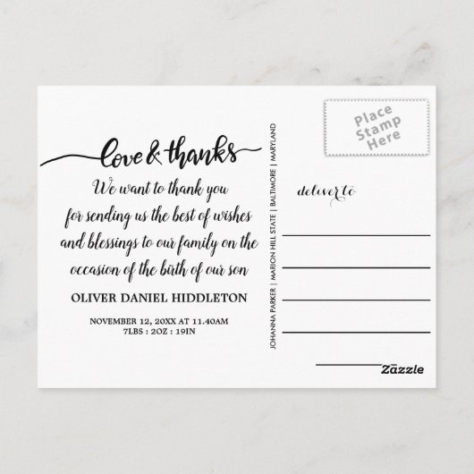 Geboorteaankondiging liefde en Bedankt drie foto's Briefkaart (Achterkant)