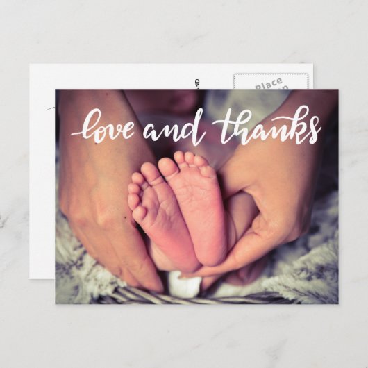 Geboorteaankondiging Liefde en Bedankt Script Foto Aankondigingskaart (Voorkant / Achterkant)