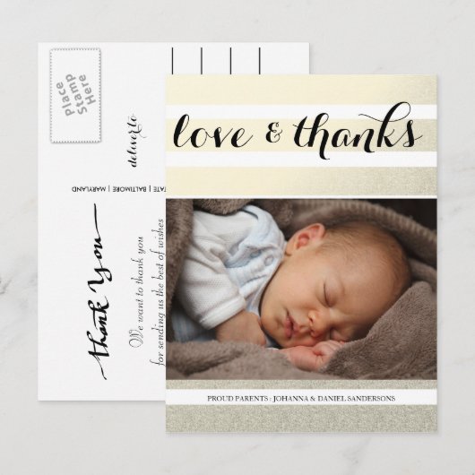 Geboorteaankondiging Love Bedankt Gold Stripes Fot Aankondigingskaart (Voorkant / Achterkant)