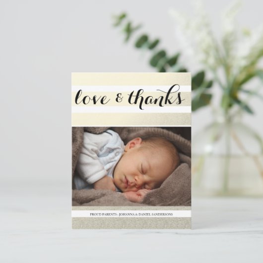Geboorteaankondiging Love Bedankt Gold Stripes Fot Aankondigingskaart (Staand voorkant)