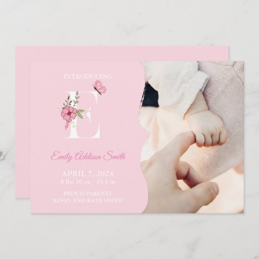 Geboorteaankondiging Meisje Initiaal E Kaart (Voorkant / Achterkant)