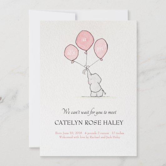 Geboorteaankondiging meisje olifantenballonnen aankondiging (Voorkant)